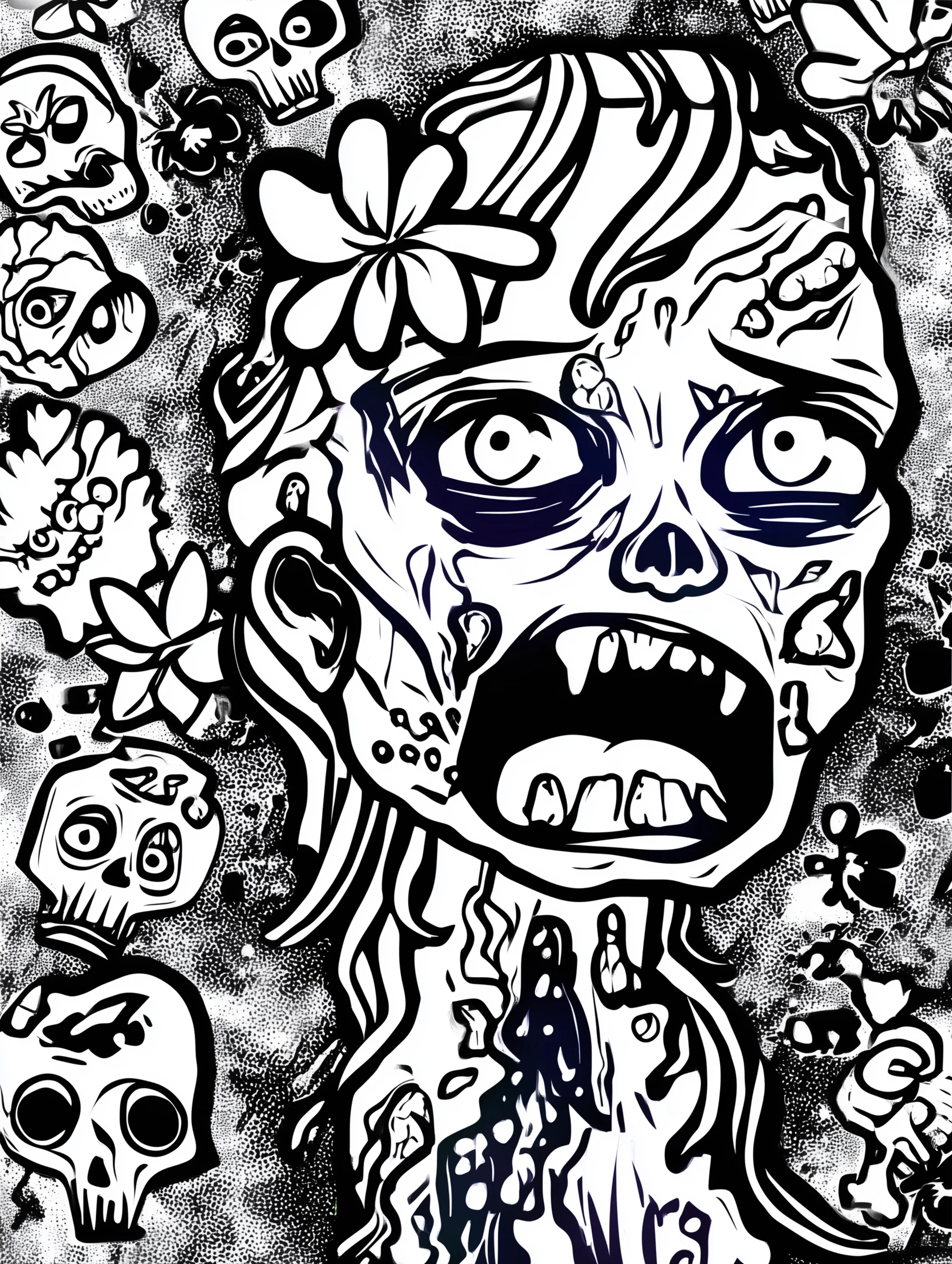 Free printable zombie coloring page for adults featuring a zombie with a flower head and skulls
